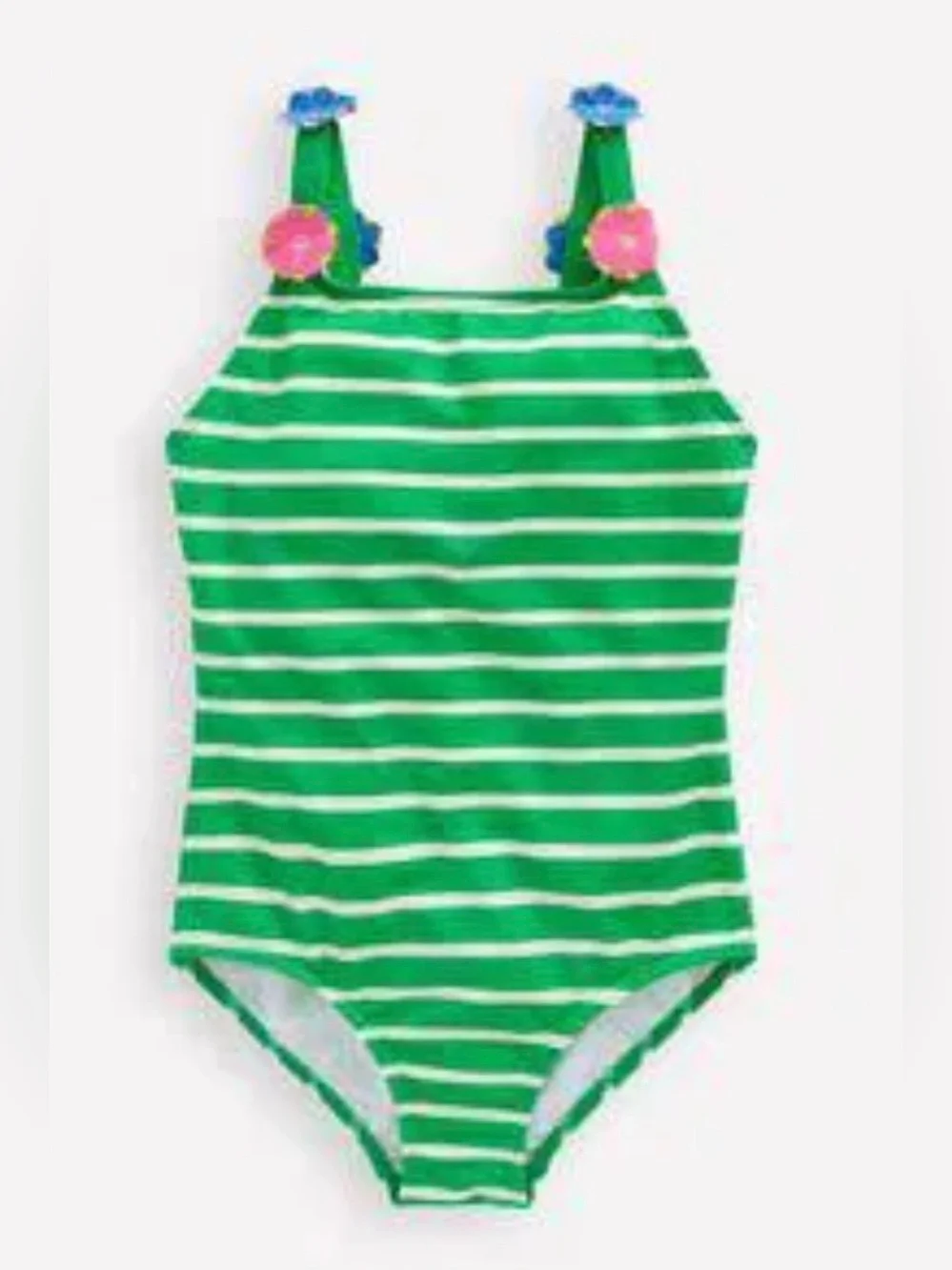 Boden Green & White Striped Floral Appliqué One-Piece Swimsuit, 3-4Y